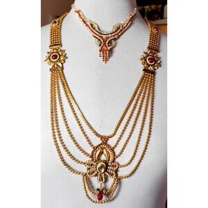 Goldtone Red Green India Ethnic Necklace Lot Bollywood Festoon Choker Glam Boho